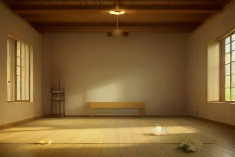 A simple practice hall with a polished wooden floor, yellow mats, and a small altar with flowers and candles