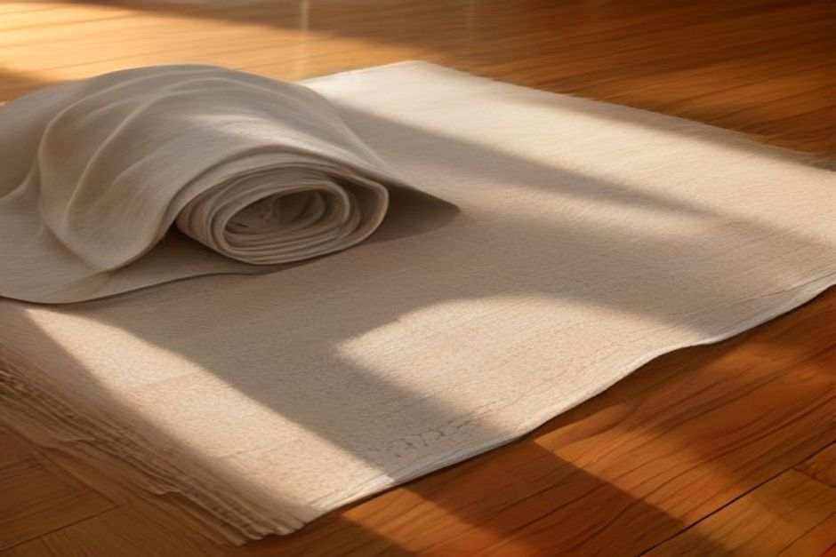 A worn yoga mat unrolled on a wooden floor in early morning light, suggesting daily practice