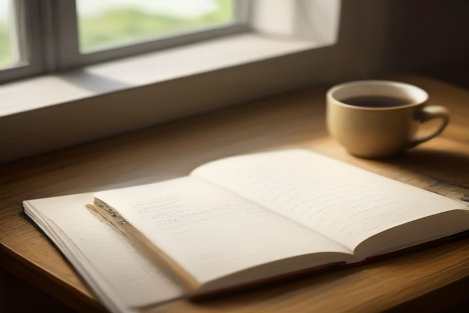 An open notebook with handwritten pages beside a cup of tea and a worn book on a wooden desk in soft window light