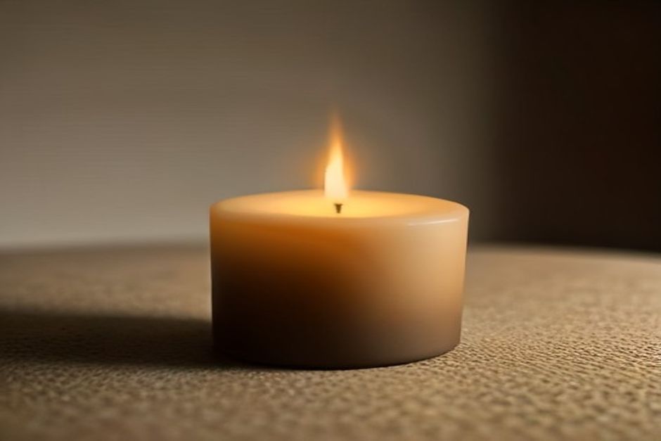 A single candle flame burning steadily in a dim, quiet room, warm earth tones