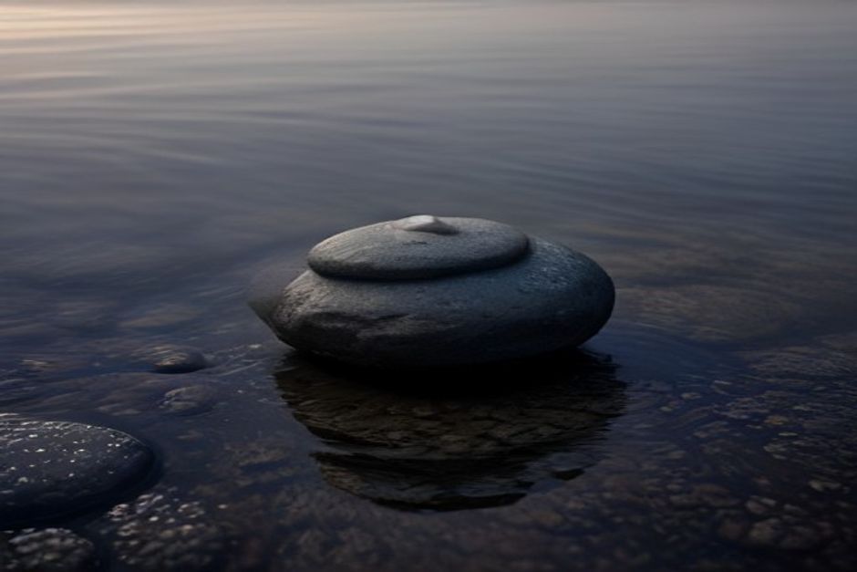 A smooth flat stone balanced on top of a small cairn of river stones beside calm water at dawn