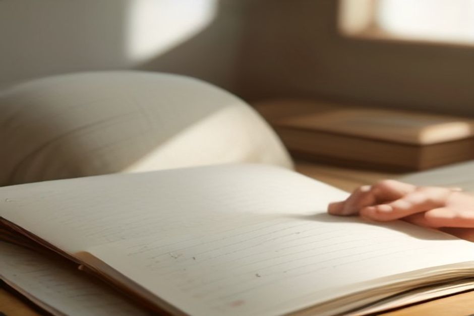 Soft morning light falling across a meditation cushion and an open notebook with a hand-drawn diagram