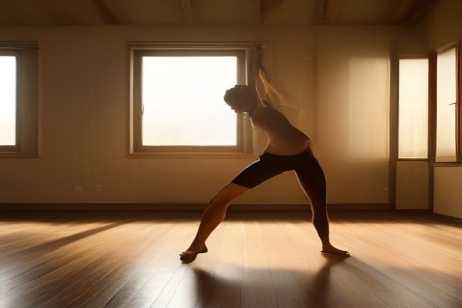 A practitioner mid-flow in a sunlit studio, moving from plank toward upward dog on a cork mat