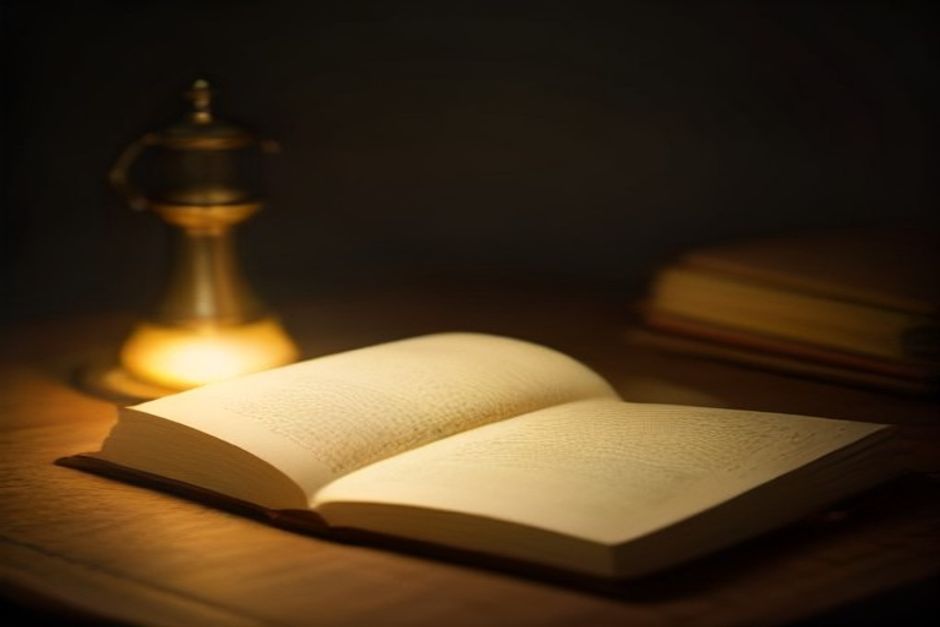 An old cloth-bound book open on a wooden desk beside a brass oil lamp, warm natural light