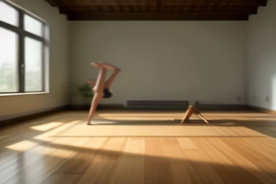 A practitioner mid sun salutation on a cork mat in a bright, quiet studio with wooden floors