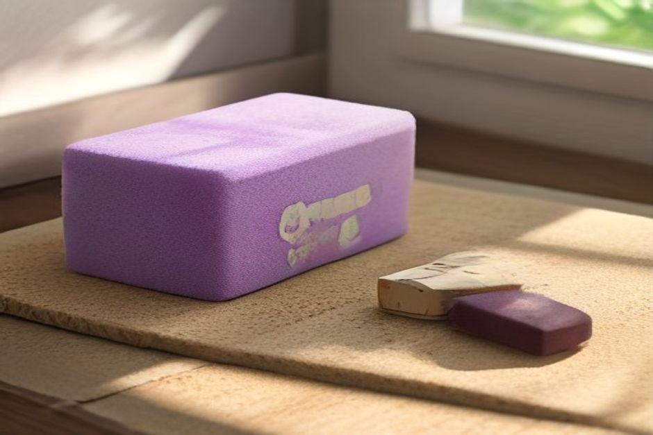 One foam and one cork yoga block side by side on a mat in natural light
