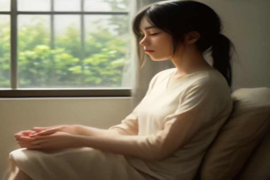 A person seated in meditation posture on a cushion, hands resting open on knees, eyes closed, in soft window light
