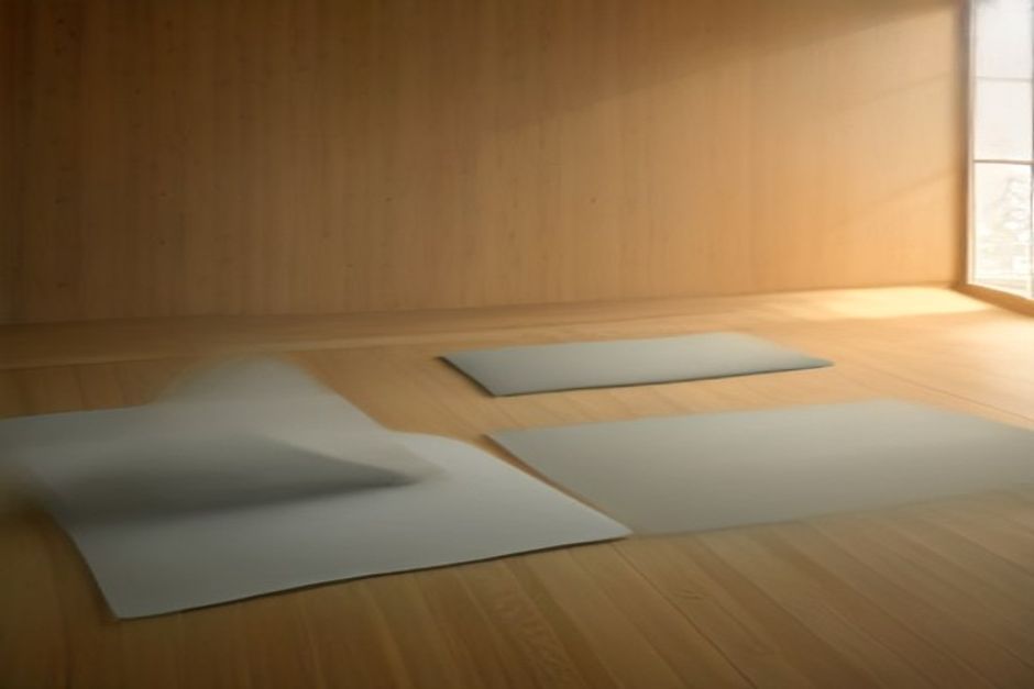 Two yoga mats side by side on a wooden studio floor in warm natural light