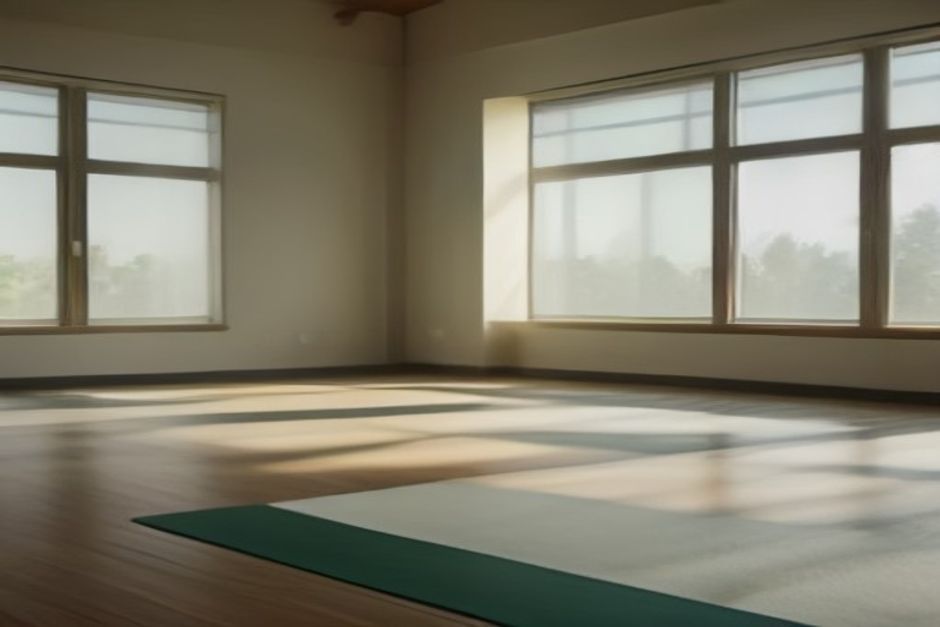 Quiet yoga studio with a row of mats and one mat set apart near a sunlit window