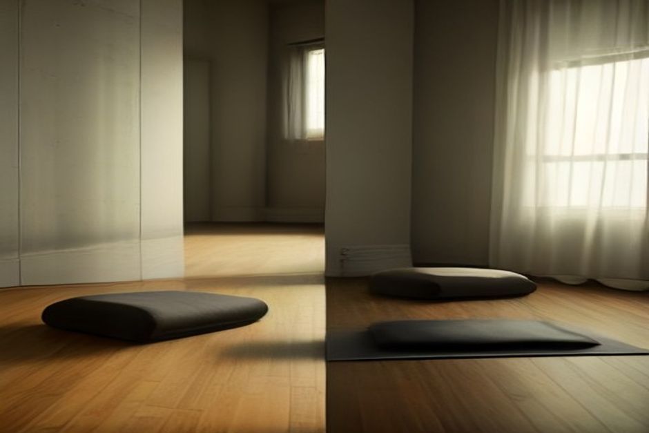 Two yoga mats in a quiet studio, one with blankets and blocks beside it, one bare and well-worn