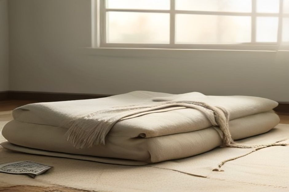A bolster, folded blankets, and an unrolled mat arranged in soft evening light in a calm room