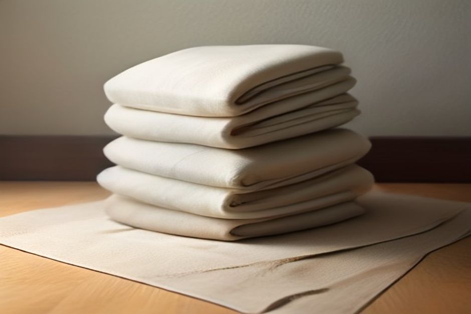 Folded yoga blankets stacked beside a mat near a plain wall, set up for supported inversion practice