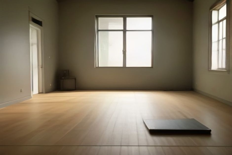 Laptop on a living-room floor showing a yoga class, mat rolled out in warm morning light