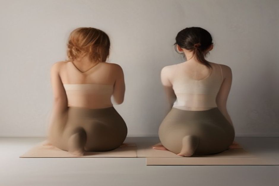 Two rolled yoga mats, one dark and one light, leaning against a wall in natural light
