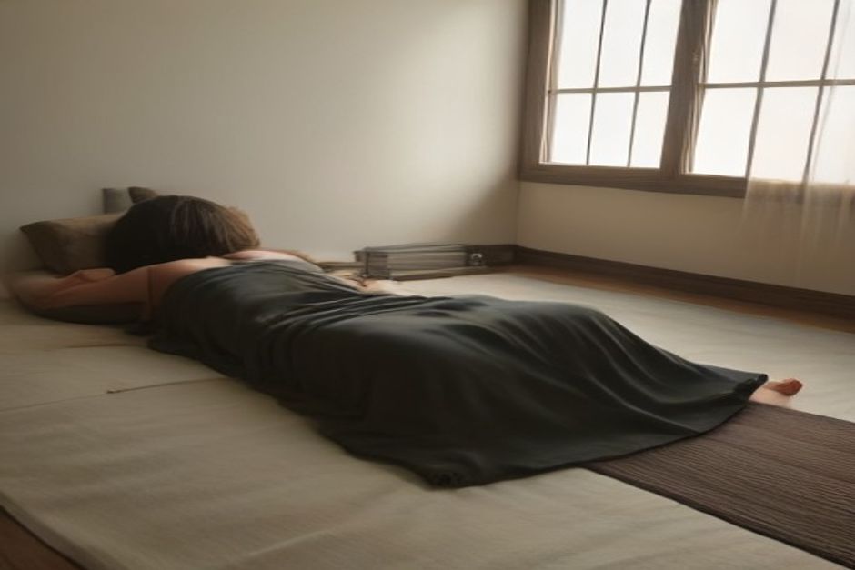 A person lying on a yoga mat under a woven blanket, cushions nearby, in warm dim natural light