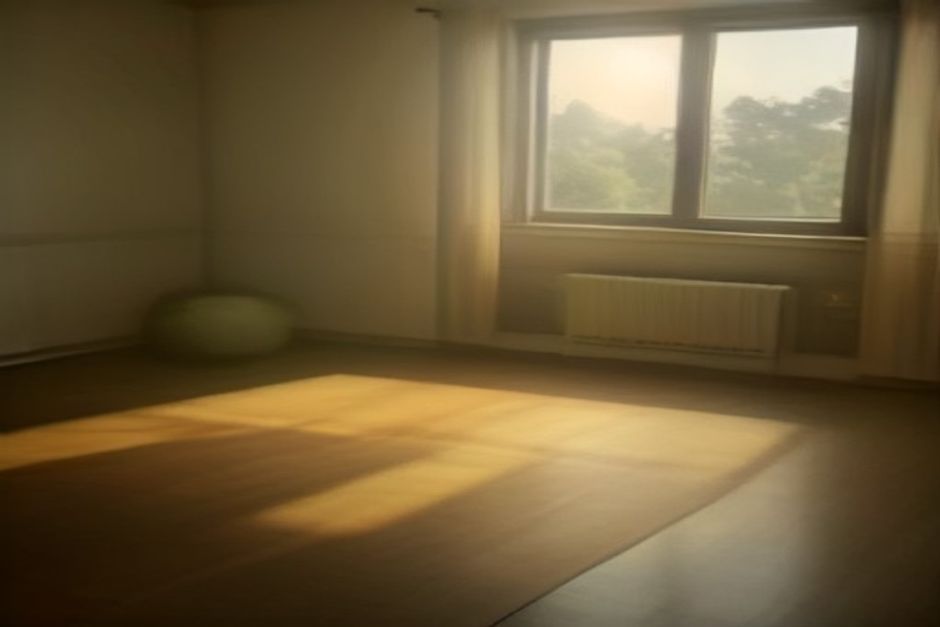 A yoga mat by a window split between warm sunrise light on one side and cool evening light on the other