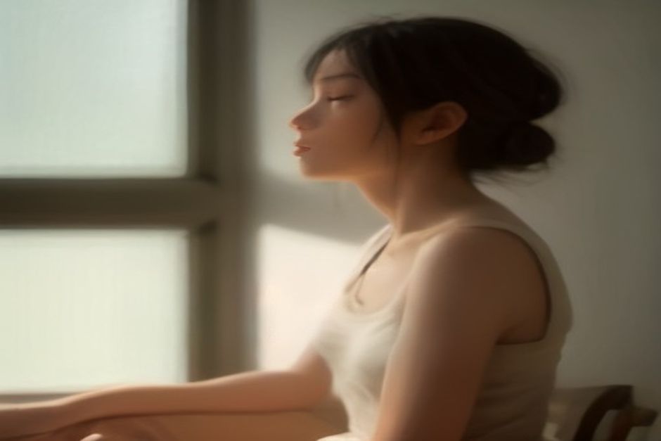A seated person with one hand raised near the nose in alternate-nostril breathing position, soft window light