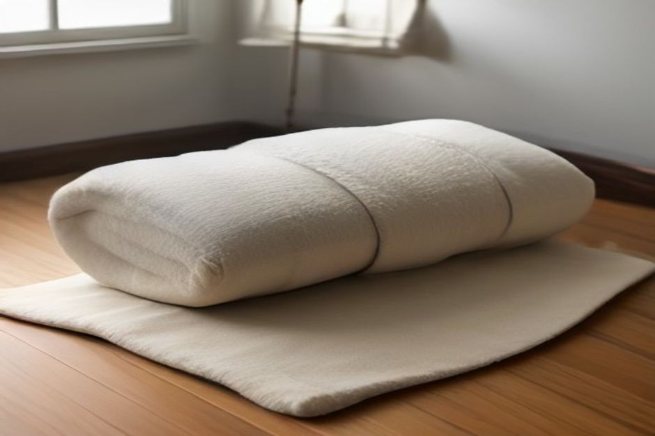 A yoga bolster, folded blankets, and two blocks arranged on a wooden floor in soft window light