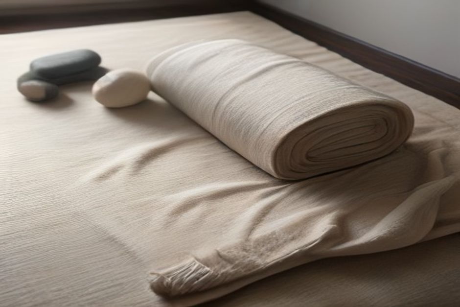 A bolster, two blocks, and a folded wool blanket arranged on a mat in dim, warm evening light
