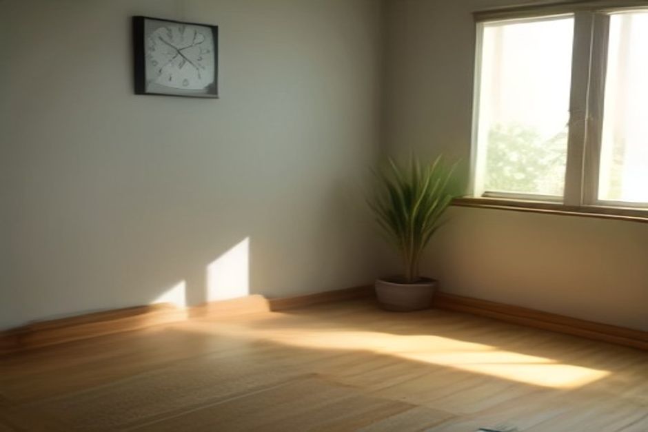 A rolled yoga mat beside a wall clock and a small home practice corner in warm afternoon light