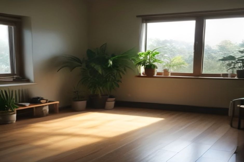 A rolled-out yoga mat in a quiet living room near a window at dawn, a plant and wooden floor