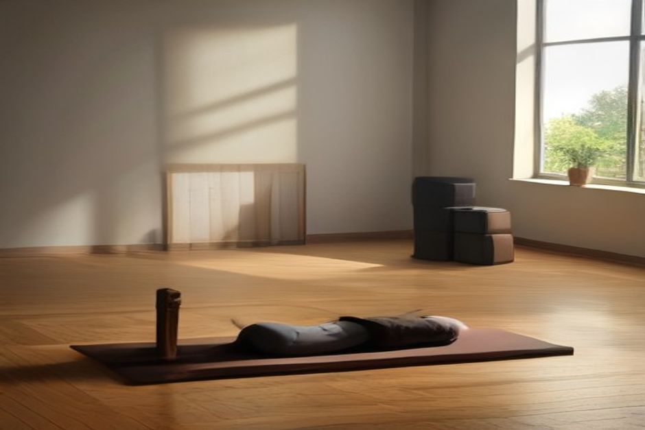 Two yoga mats in a bright studio, one mid-flow with blurred movement, one still with folded blanket and block