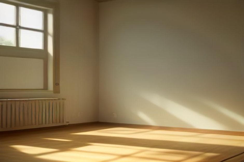 A yoga mat rolled beside a wooden ballet barre in a bright, minimalist studio with warm natural light