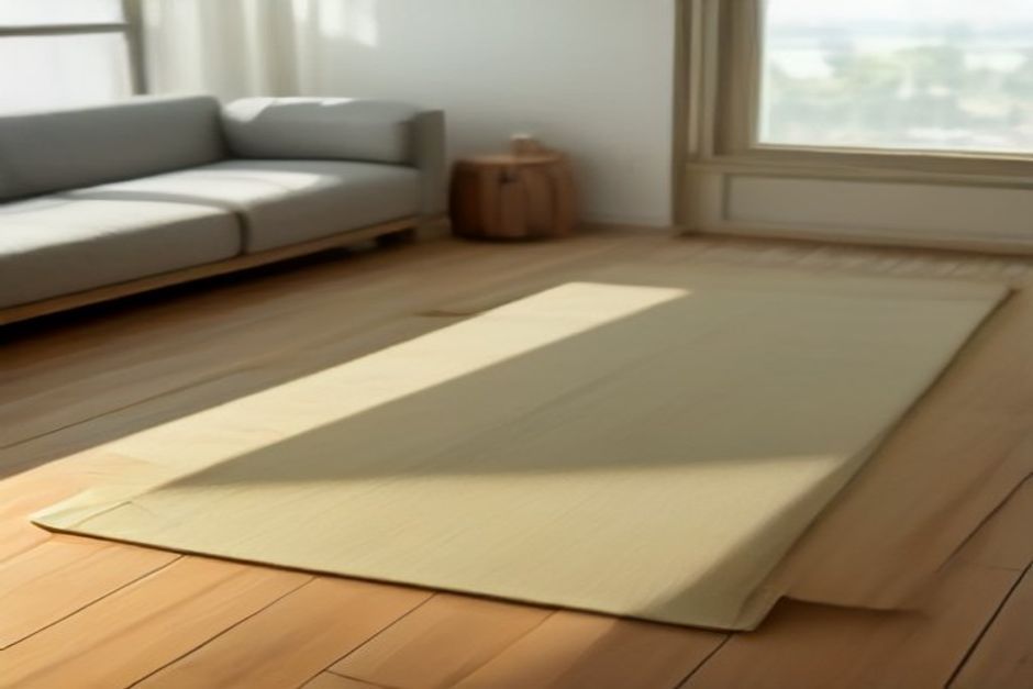 A rolled yoga mat and a folded textured yoga towel side by side on a wooden floor in warm natural light