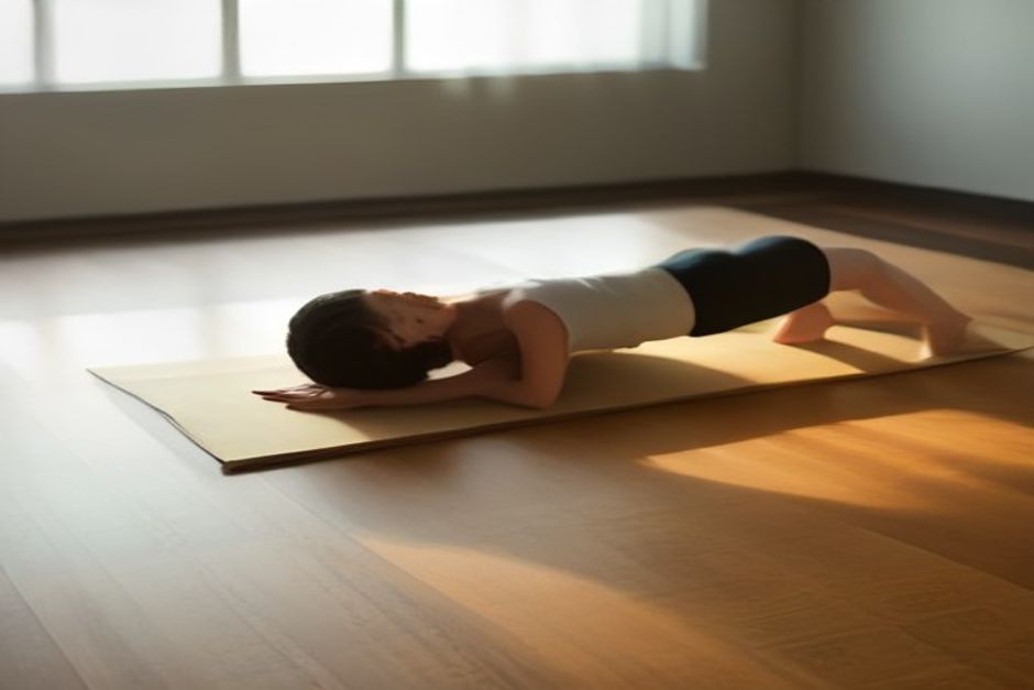 A person holding a forearm plank on a natural rubber mat in a bright, minimal studio with wood floors