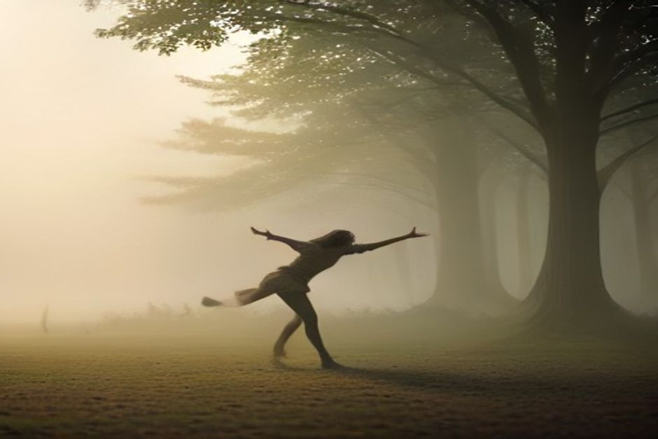 A person practicing slow standing movement in a misty park at dawn, earth-toned clothing, calm natural light
