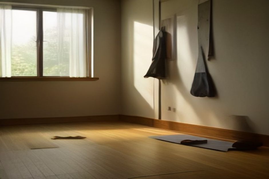 A pair of climbing shoes and a rolled natural-rubber yoga mat side by side on a wooden floor in warm morning light