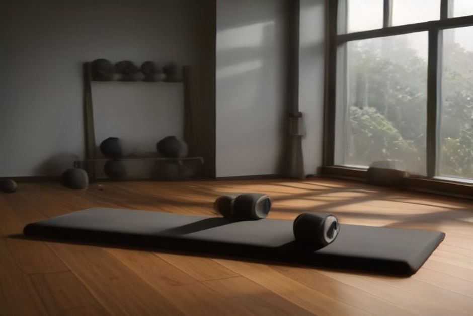 A yoga mat and a pair of dumbbells side by side on a wooden floor in soft natural light, earth tones