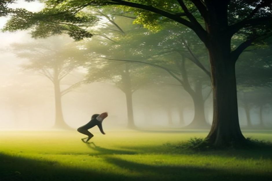 Split scene of a person in a yoga pose on a mat and a person practicing tai chi in a misty park at dawn