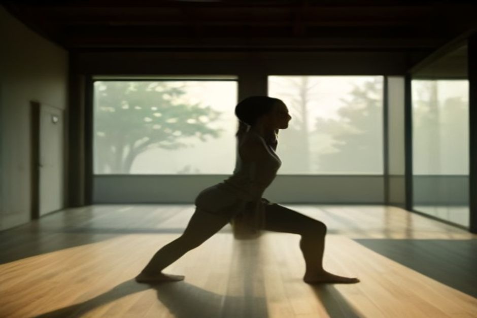 A person in a standing yoga pose on a mat beside a window while, outside in a park, a small group practices slow tai chi movements in morning light
