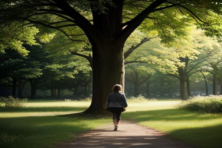 A person walking on a tree-lined park path in soft morning light, comfortable shoes, relaxed pace